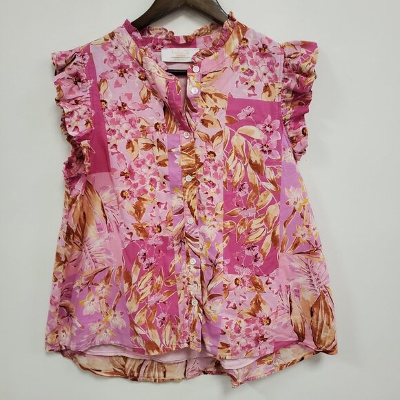 Boho 72 Boutique Womens Floral Patchwork Print Top Size S Pink Ruffle Gypsy - Picture 1 of 11